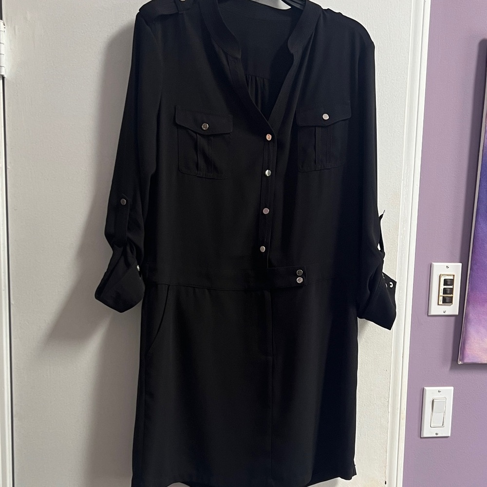 Women's Black Long-Sleeve Shirt Dress with Button Detail